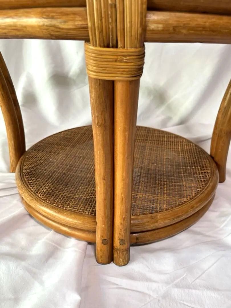 ラタンテーブル サイドテーブル 丸テーブル 籐 昭和レトロ ガラステーブル