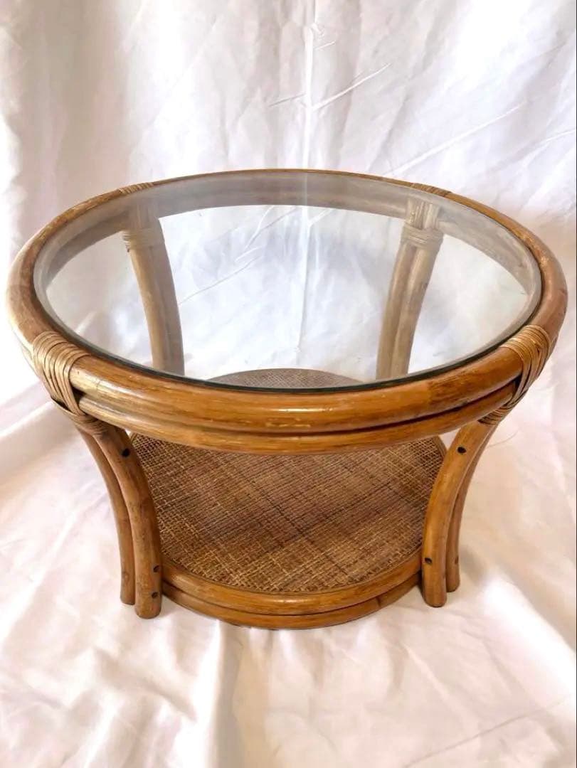 ラタンテーブル サイドテーブル 丸テーブル 籐 昭和レトロ ガラステーブル