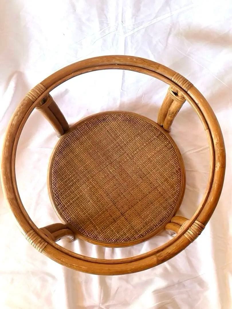 ラタンテーブル サイドテーブル 丸テーブル 籐 昭和レトロ ガラステーブル