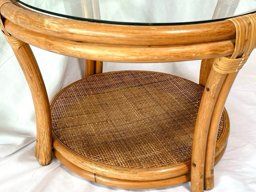 ラタンテーブル サイドテーブル 丸テーブル 籐 昭和レトロ ガラステーブル