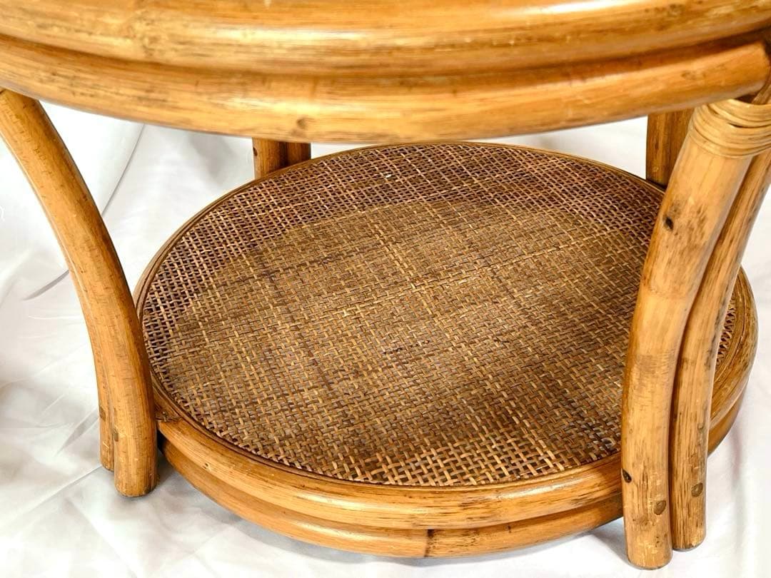 ラタンテーブル サイドテーブル 丸テーブル 籐 昭和レトロ ガラステーブル