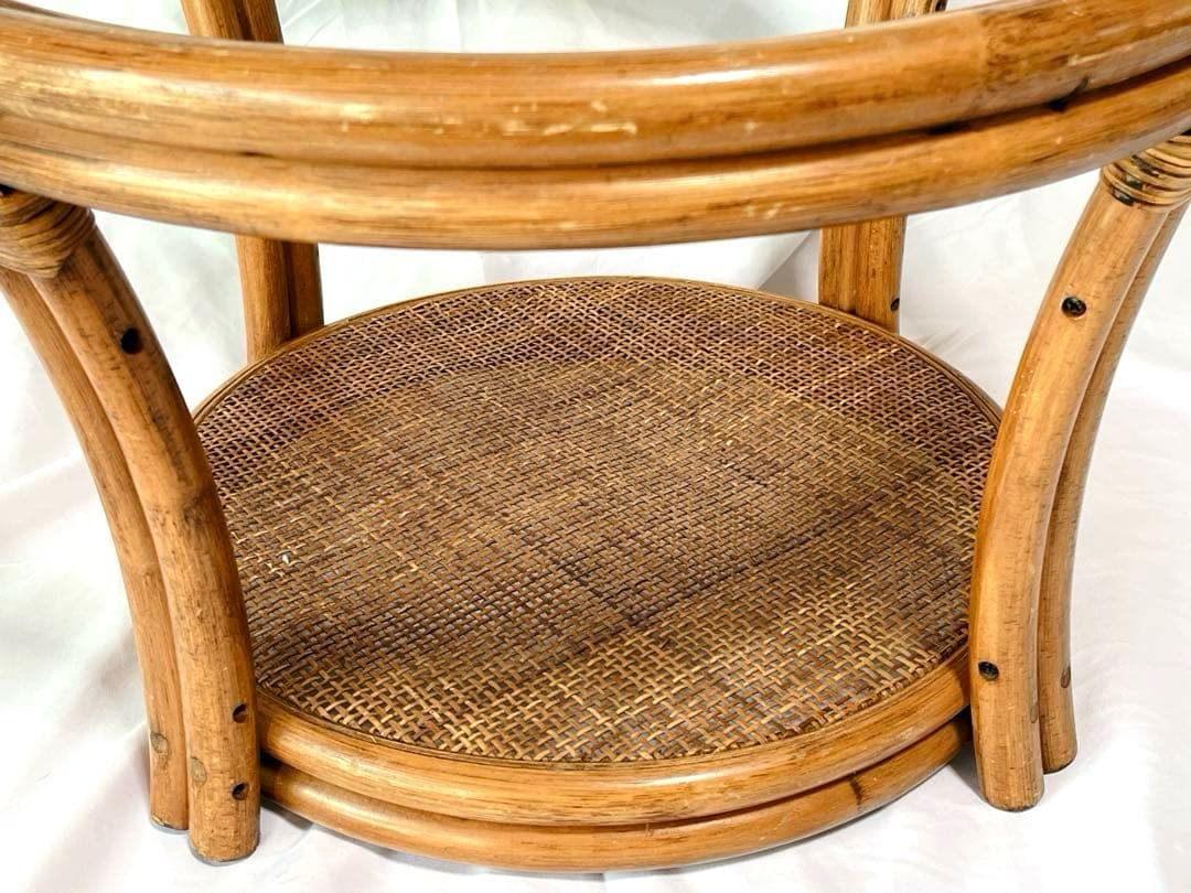 ラタンテーブル サイドテーブル 丸テーブル 籐 昭和レトロ ガラステーブル