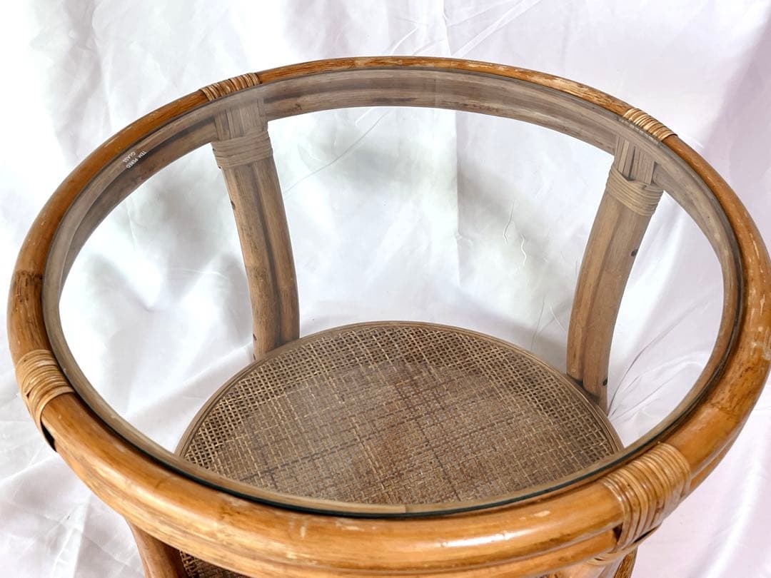ラタンテーブル サイドテーブル 丸テーブル 籐 昭和レトロ ガラステーブル