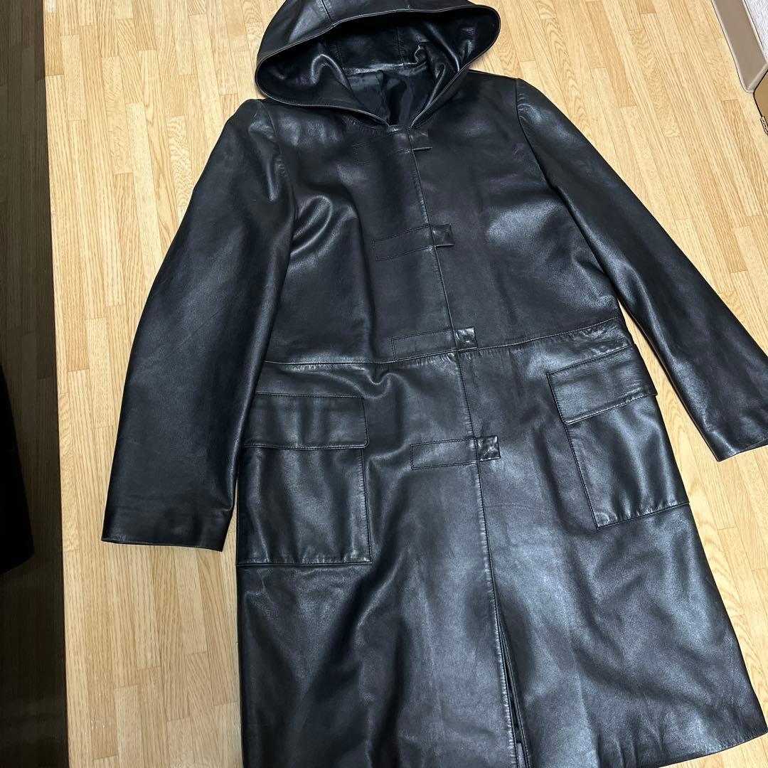 レザーロングジャケット フード付 イタリア製羊毛 ナイロン アセテート
