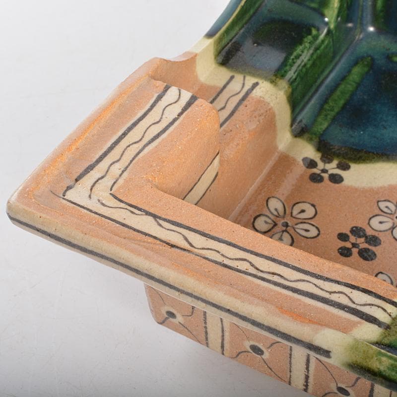 人間国宝　荒川豊蔵作　織部焼　手付鉢　共布　十三代即中斎極め箱　M　R7009B