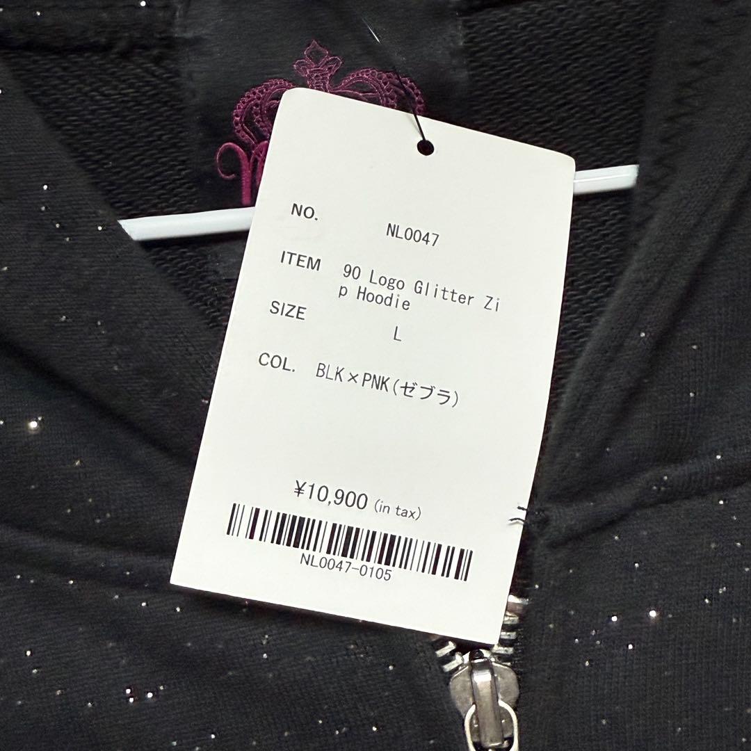 9090 Logo Glitter Zip Hoodie Lサイズ 黒×ピンク