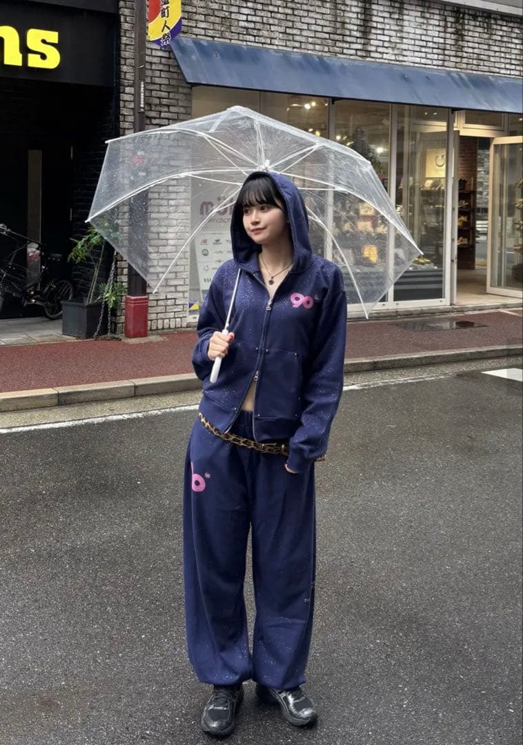 9090 Logo Glitter Zip Hoodie Lサイズ 黒×ピンク