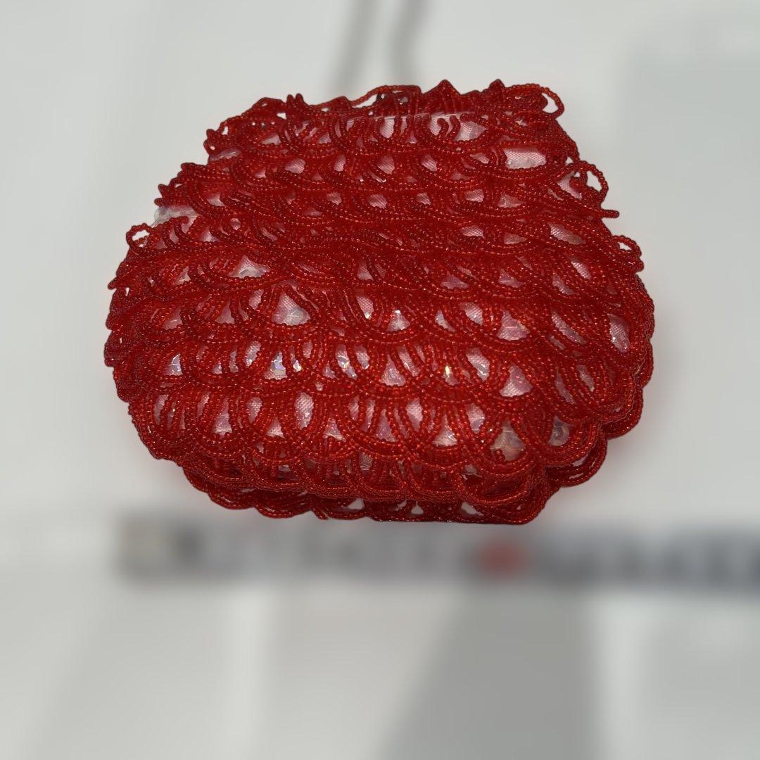 希少　ヴィンテージ　白牡丹　ビーズバッグ　パーティバッグ　レッド