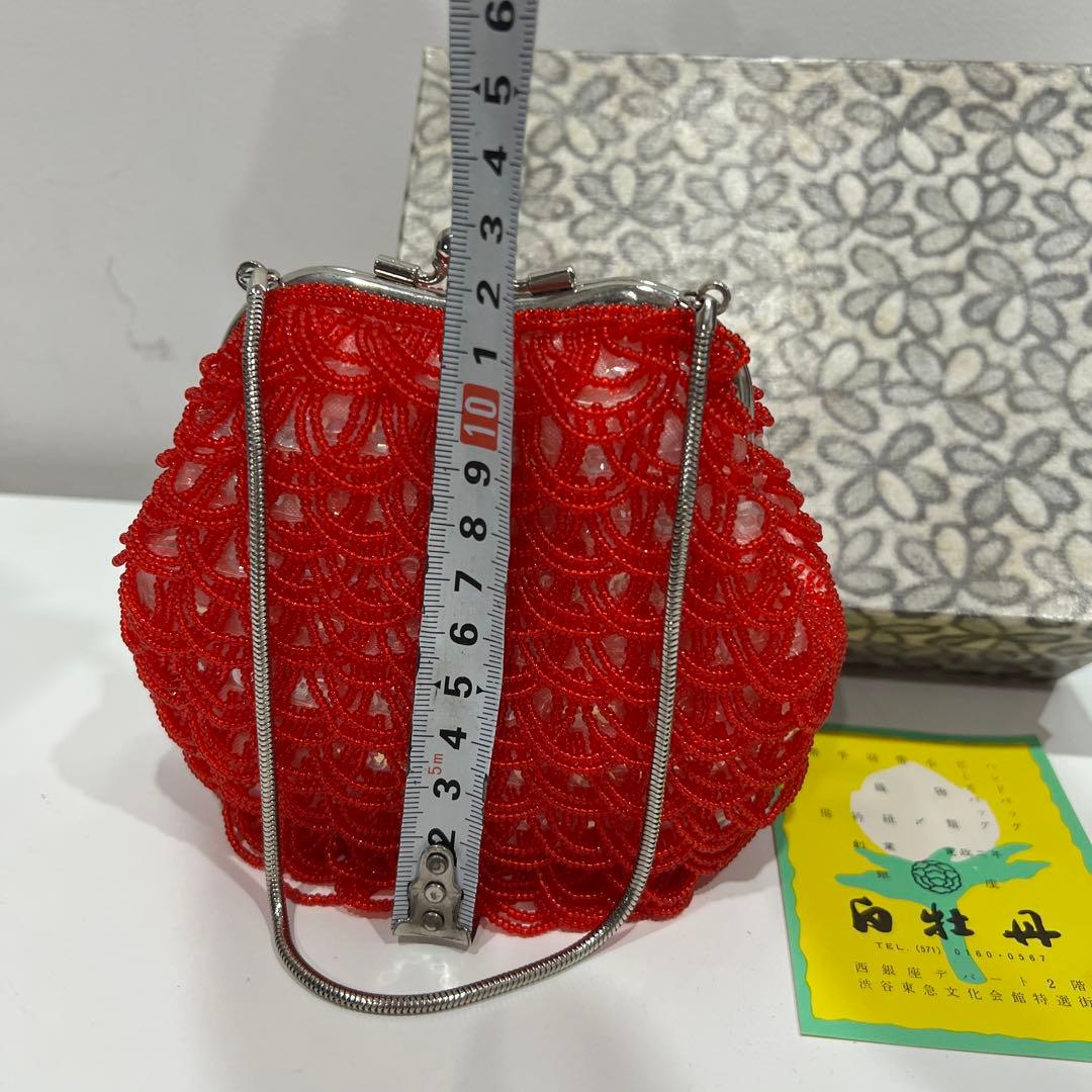 希少　ヴィンテージ　白牡丹　ビーズバッグ　パーティバッグ　レッド