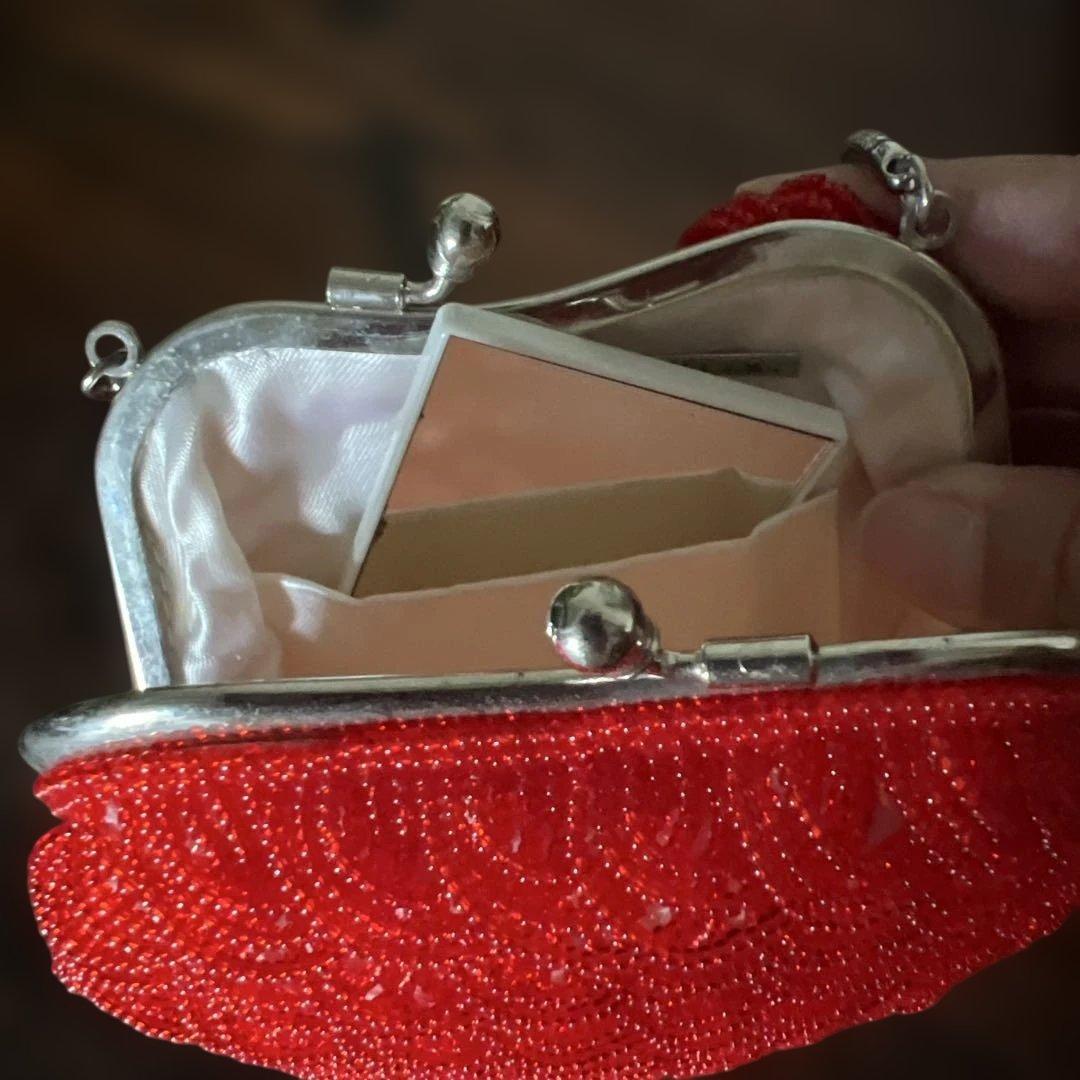 希少　ヴィンテージ　白牡丹　ビーズバッグ　パーティバッグ　レッド