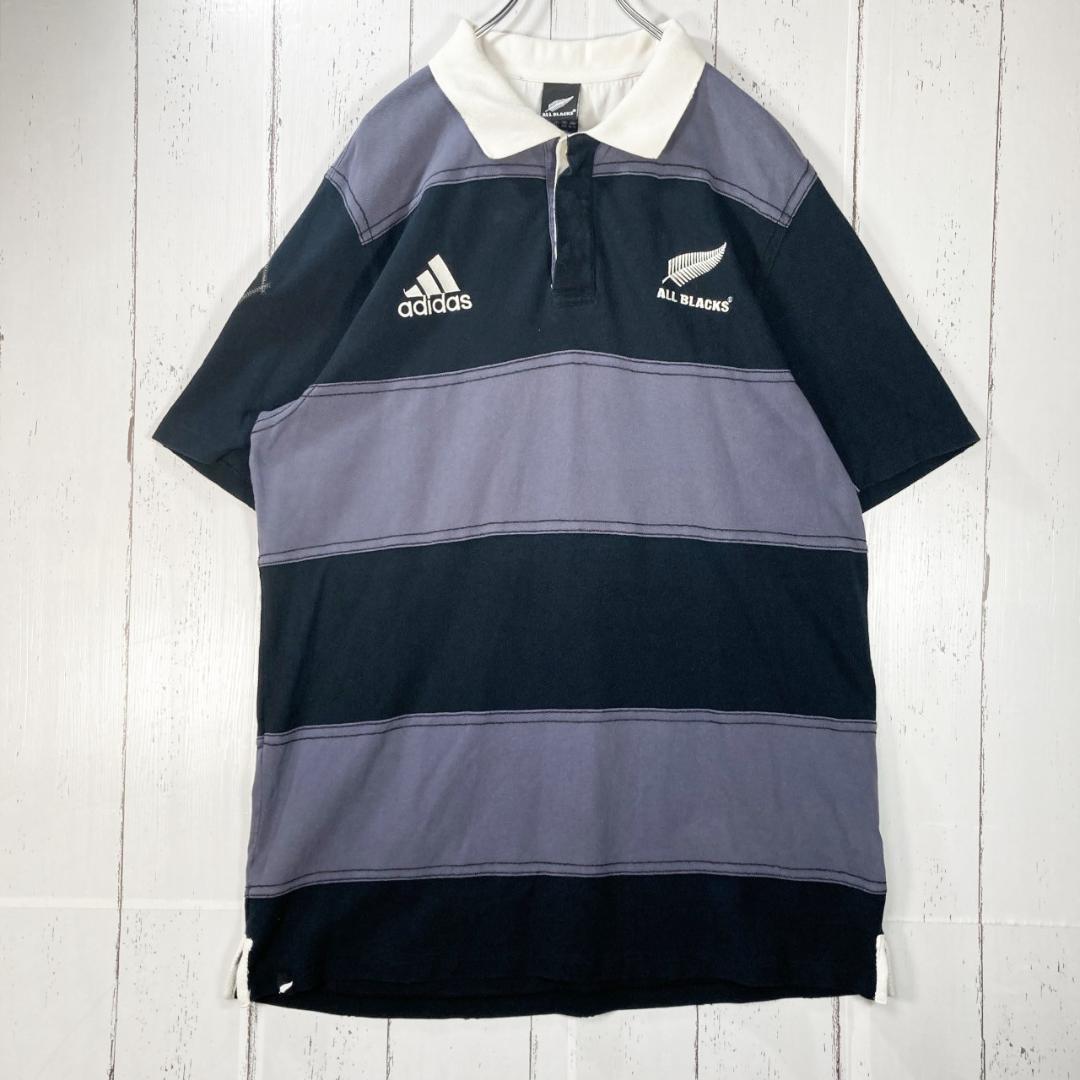 オールブラックス adidas 半袖 ラガーシャツ ボーダー柄 古着 XL