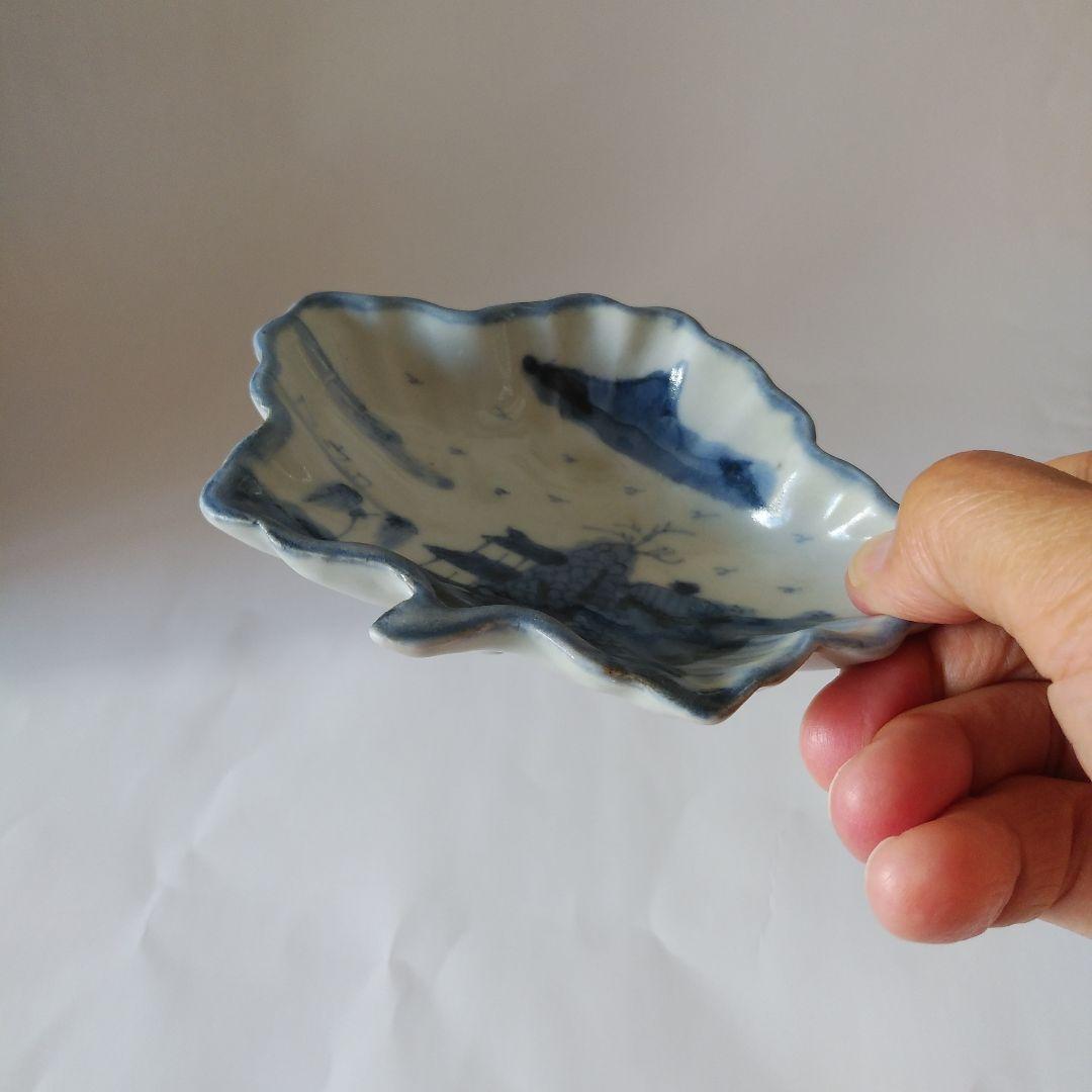珍品 古伊万里 染付 山水文足付葉形皿 四客 藍九谷 伊万里焼 アンティーク