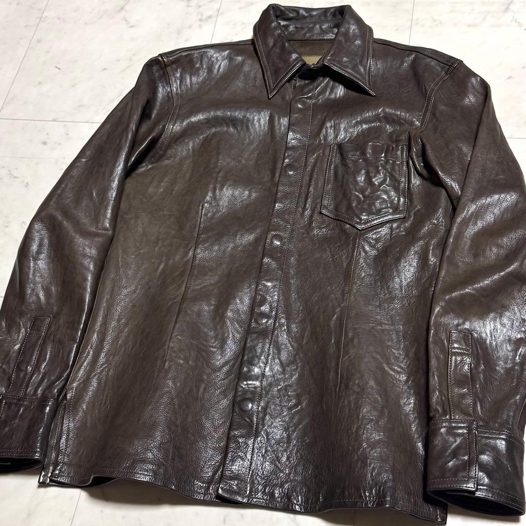 美品 イサムカタヤマバックラッシュ カウレザーシャツ 牛革 ダークブラウン 2