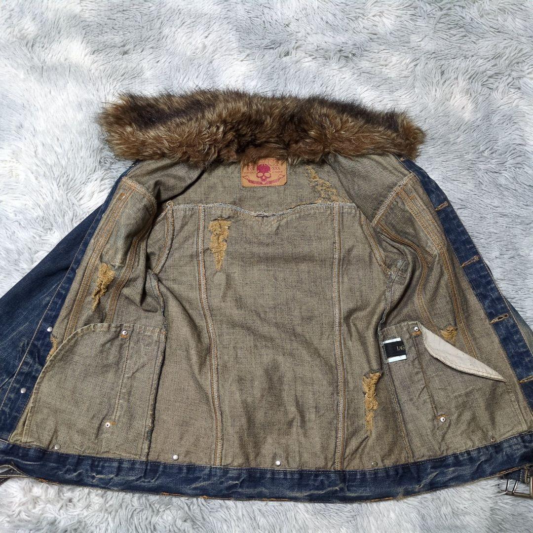【LAGUST】ファー付きデニムジャケット☆Y2K☆ダメージ加工☆スタッズ☆赤耳