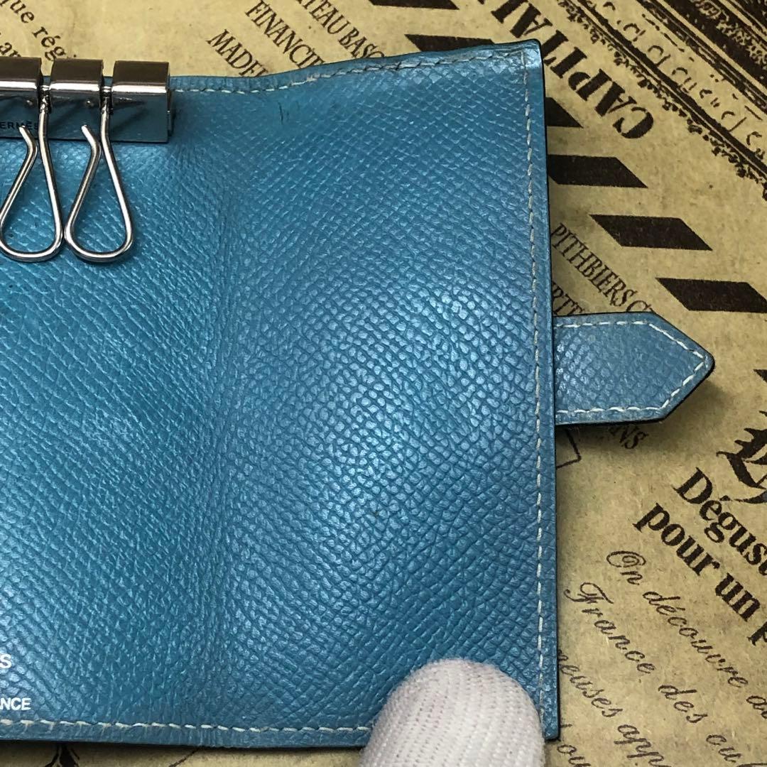 エルメス ベアン Hロゴ キーケース 4連 ブルー 刻印□L FM30