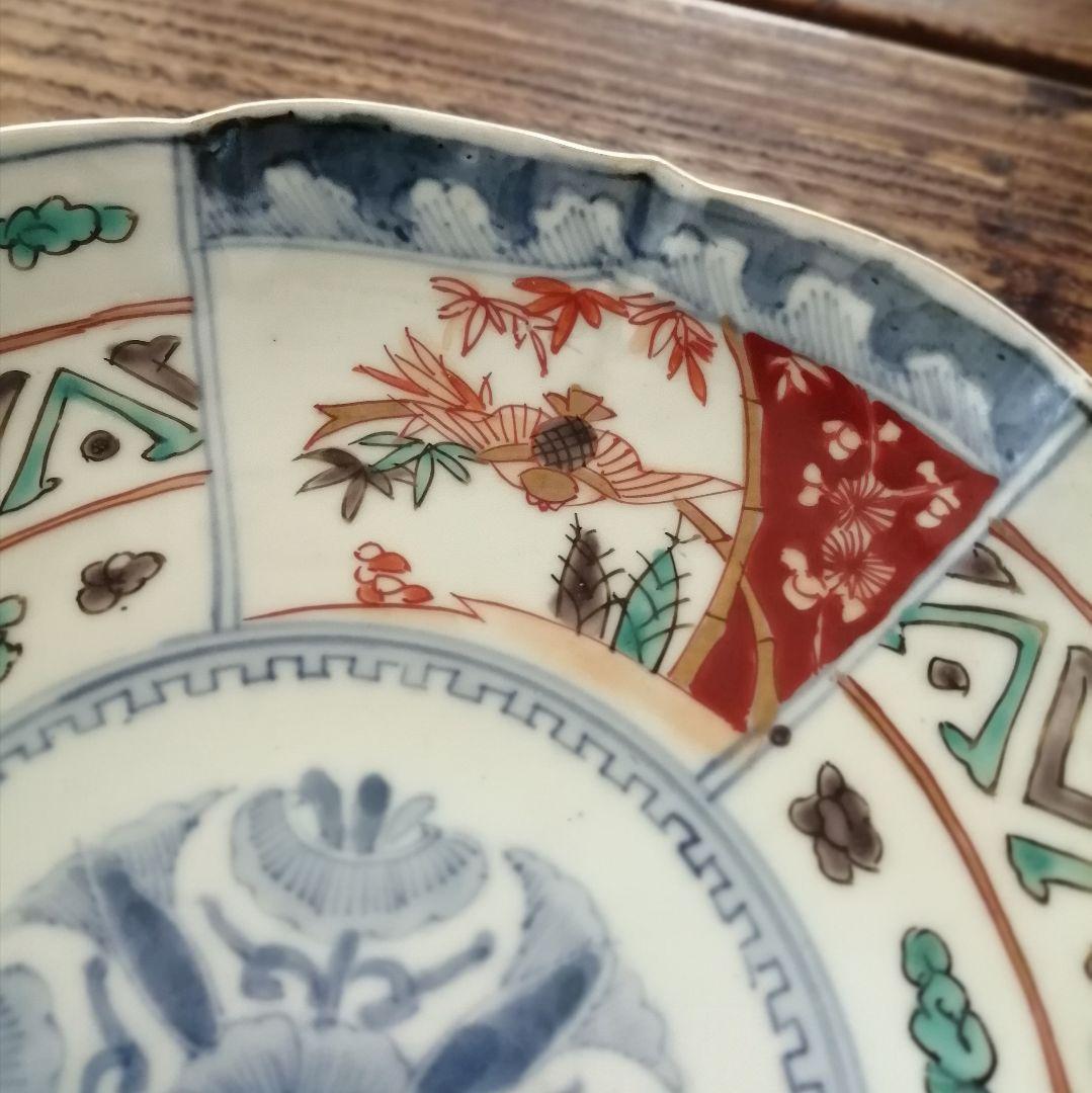 古伊万里　色絵　ふくら雀と鳳凰　輪花縁　七寸皿　２客