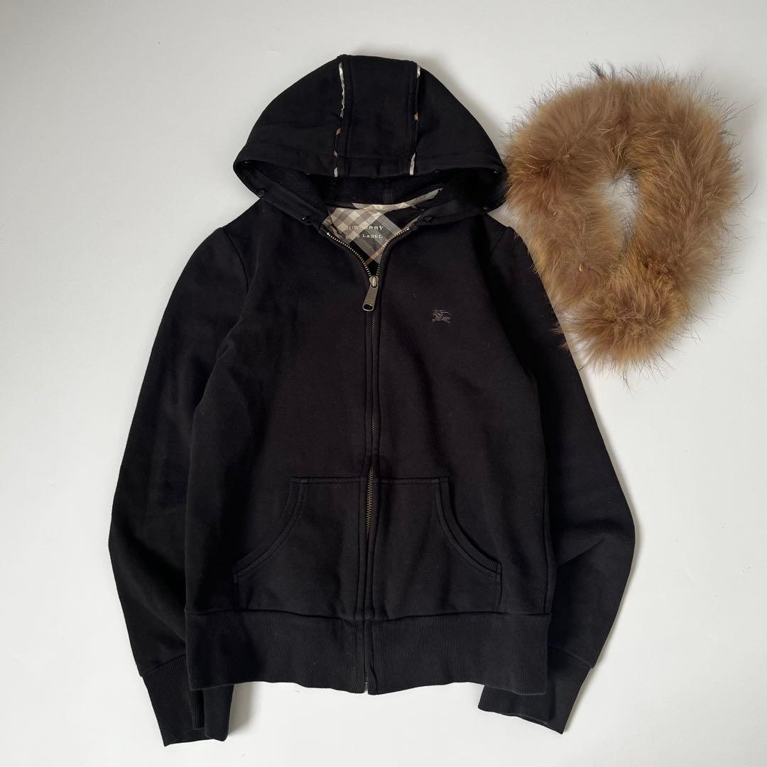 バーバリーブルーレーベル フードファー付 パーカー ノバチェック 2WAY黒