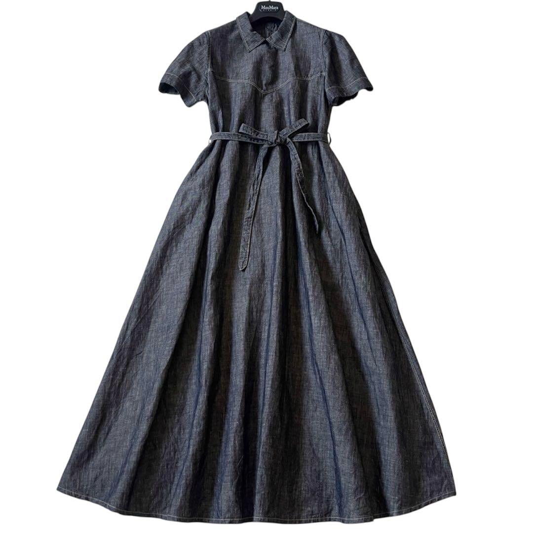 45R 綿麻ダンガリーのドレス ワンピース マキシ丈 リネンブレンド 濃