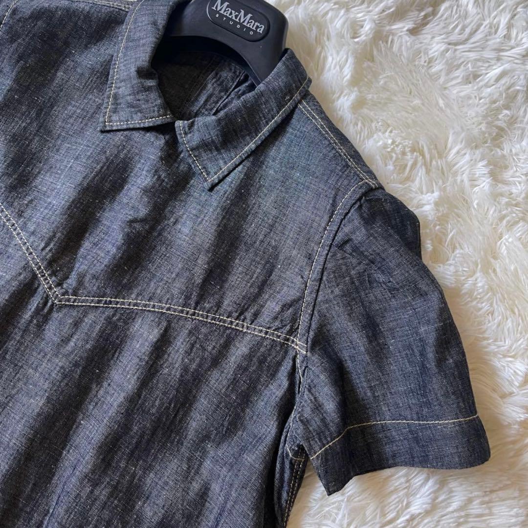 45R 綿麻ダンガリーのドレス ワンピース マキシ丈 リネンブレンド 濃