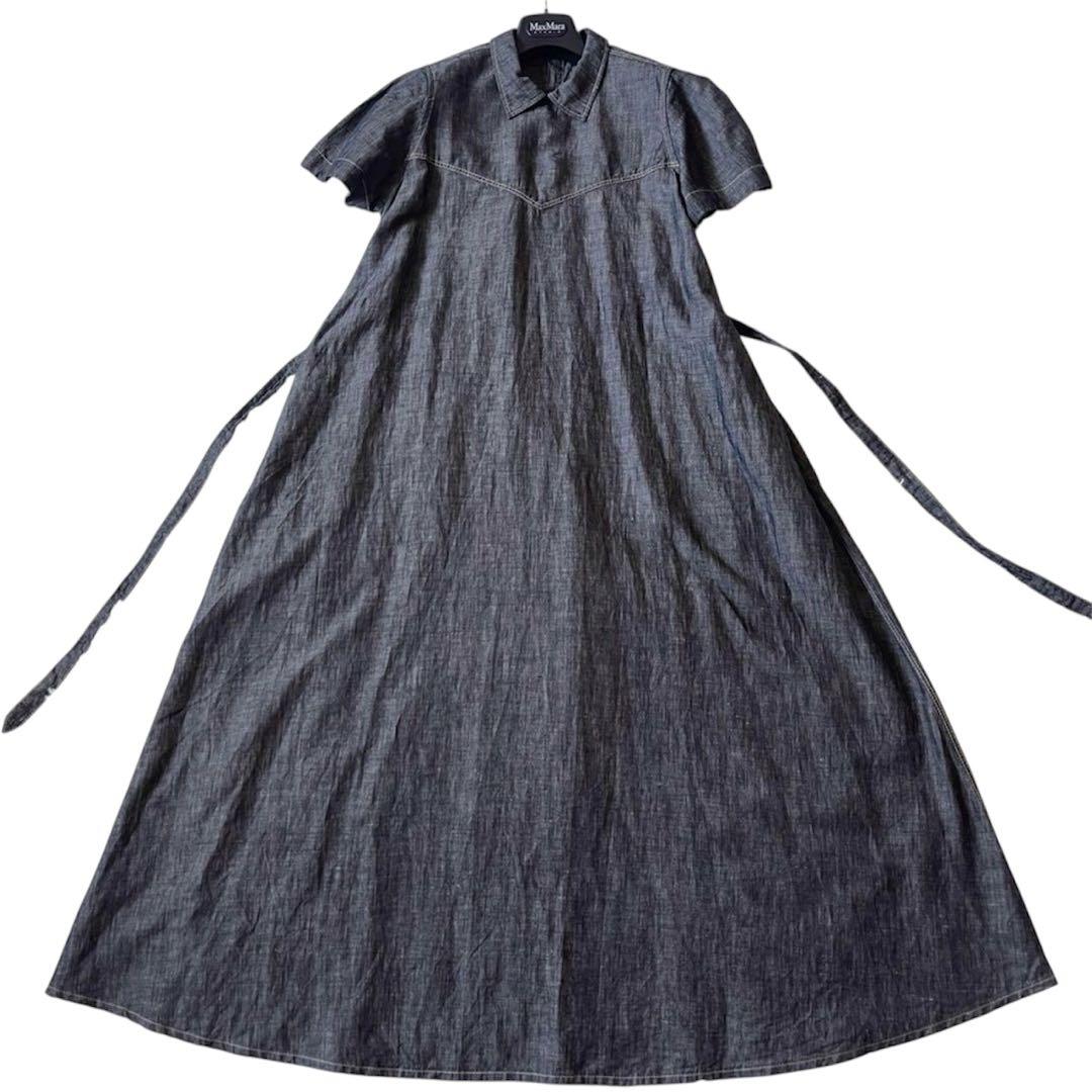 45R 綿麻ダンガリーのドレス ワンピース マキシ丈 リネンブレンド 濃