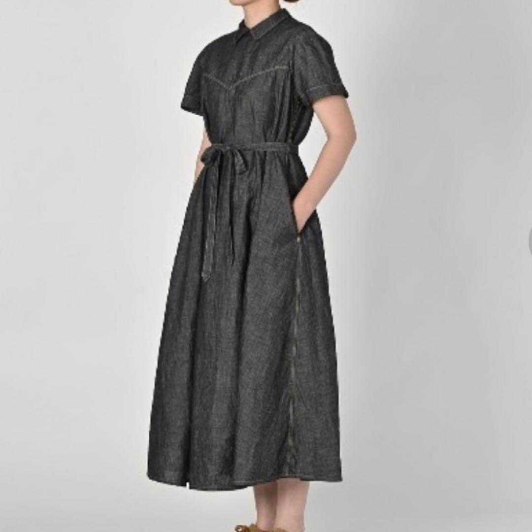 45R 綿麻ダンガリーのドレス ワンピース マキシ丈 リネンブレンド 濃