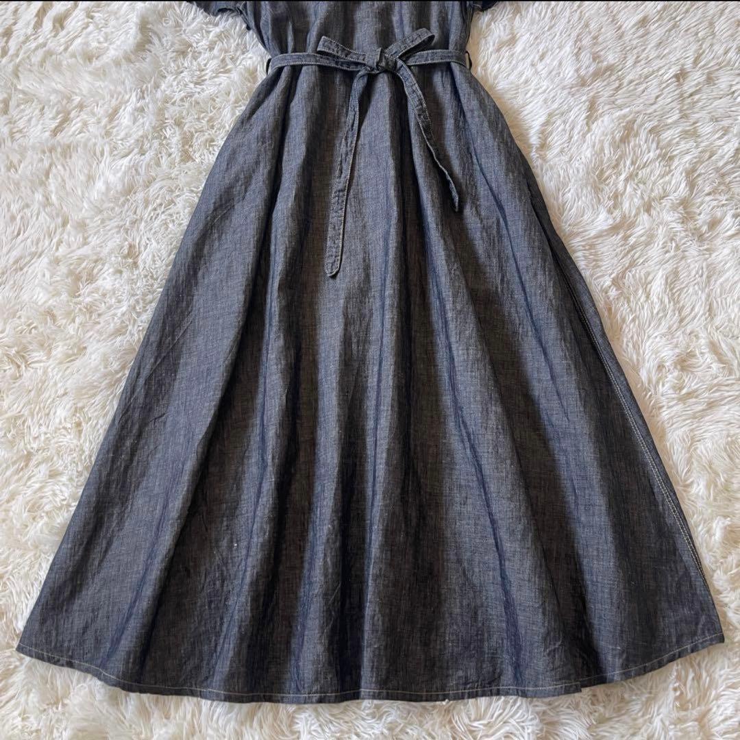 45R 綿麻ダンガリーのドレス ワンピース マキシ丈 リネンブレンド 濃