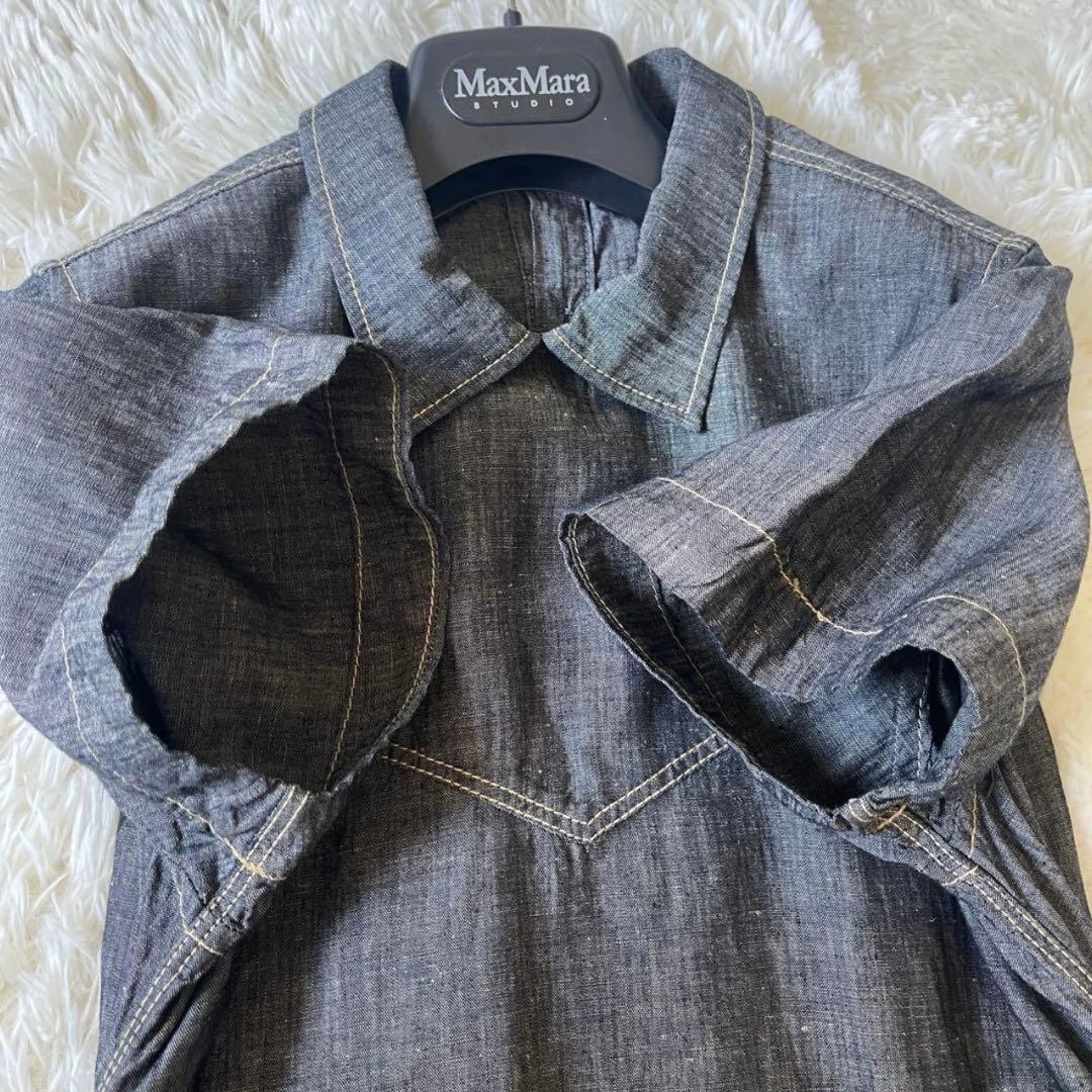 45R 綿麻ダンガリーのドレス ワンピース マキシ丈 リネンブレンド 濃