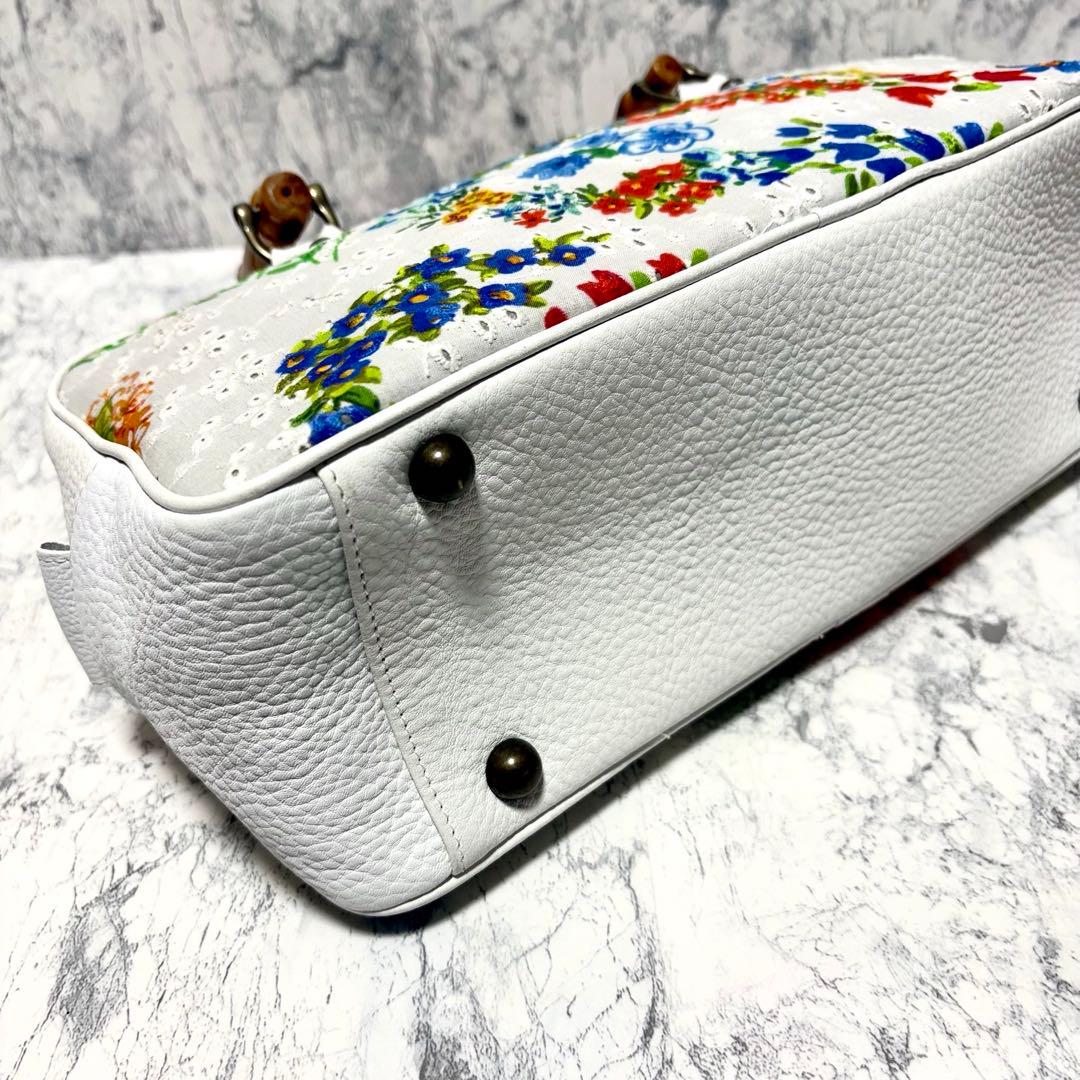 【極美品】タマオユゲ　弓削珠緒　ハンドバッグ　バンブー　ホワイト　花柄　希少