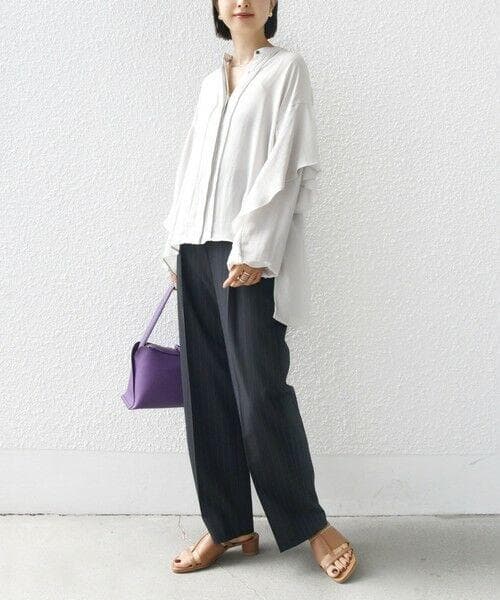 SHIPS 〈手洗い可能〉ドライ ツイスト袖ラッフル ロング スリーブ ブラウス