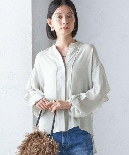 SHIPS 〈手洗い可能〉ドライ ツイスト袖ラッフル ロング スリーブ ブラウス