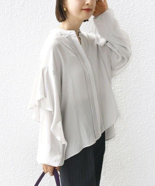 SHIPS 〈手洗い可能〉ドライ ツイスト袖ラッフル ロング スリーブ ブラウス