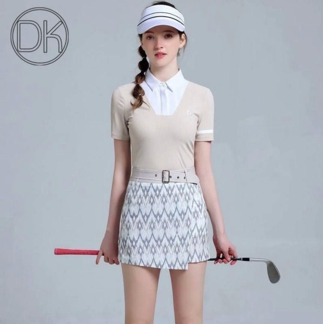 ゴルフウェア 上下セット XS ポロシャツ ミニスカート 重ね着風 ベルト付