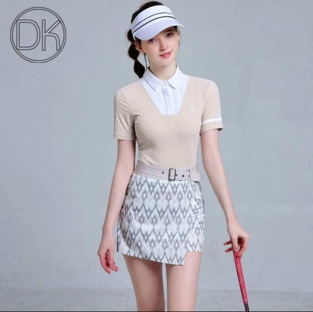 ゴルフウェア 上下セット XS ポロシャツ ミニスカート 重ね着風 ベルト付