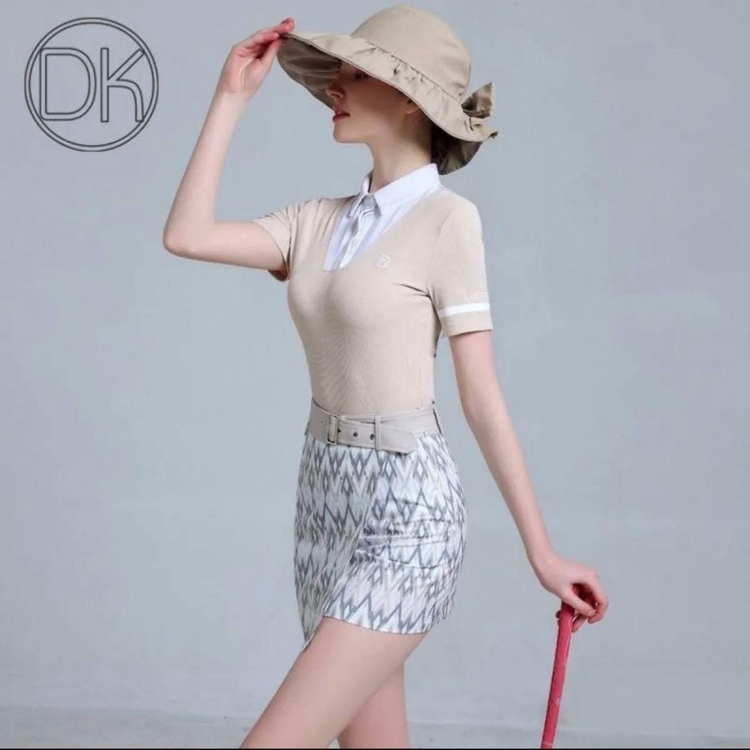 ゴルフウェア 上下セット XS ポロシャツ ミニスカート 重ね着風 ベルト付