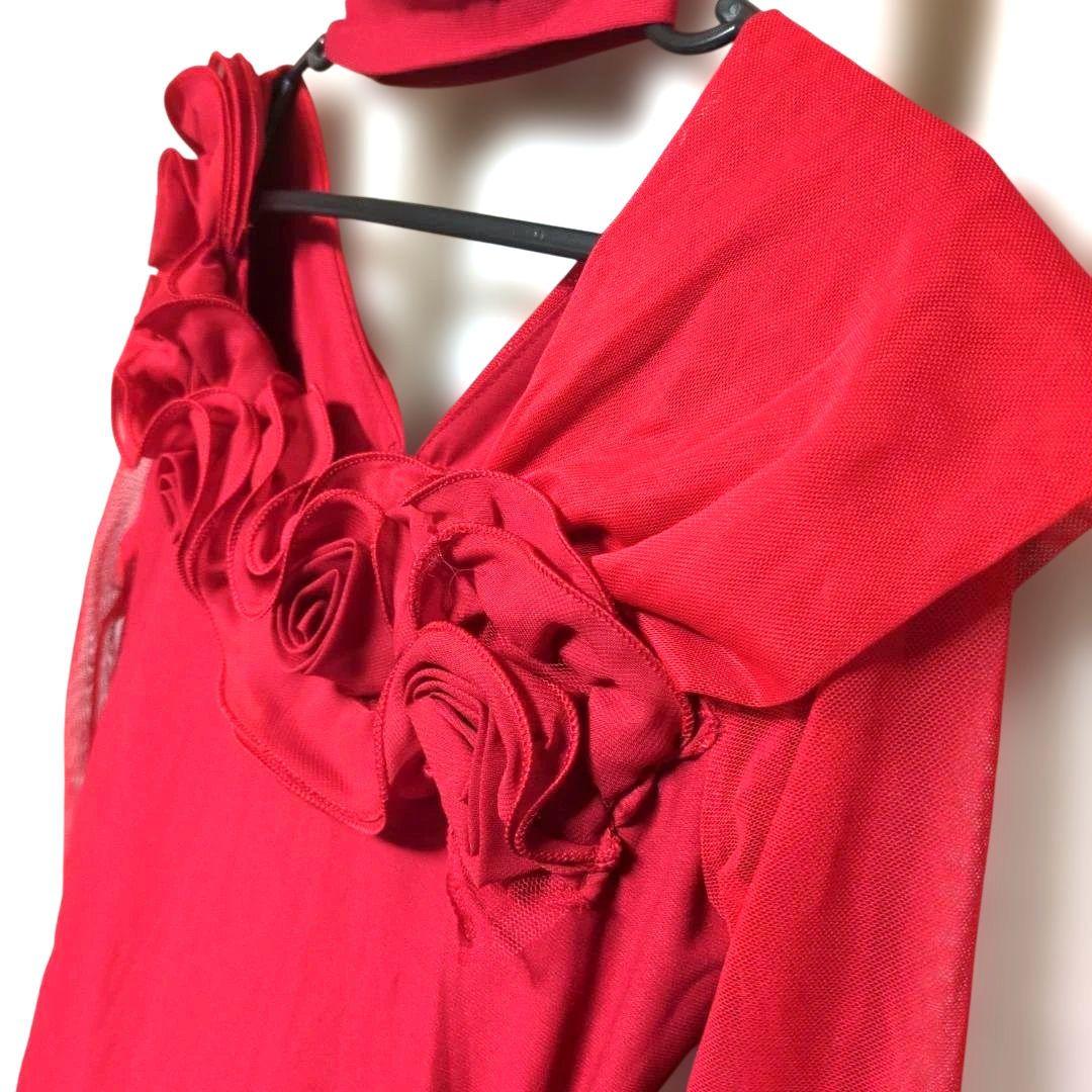 イチオク 社交ダンス 衣装　赤 チョーカー付き 長袖 ドレス フリル