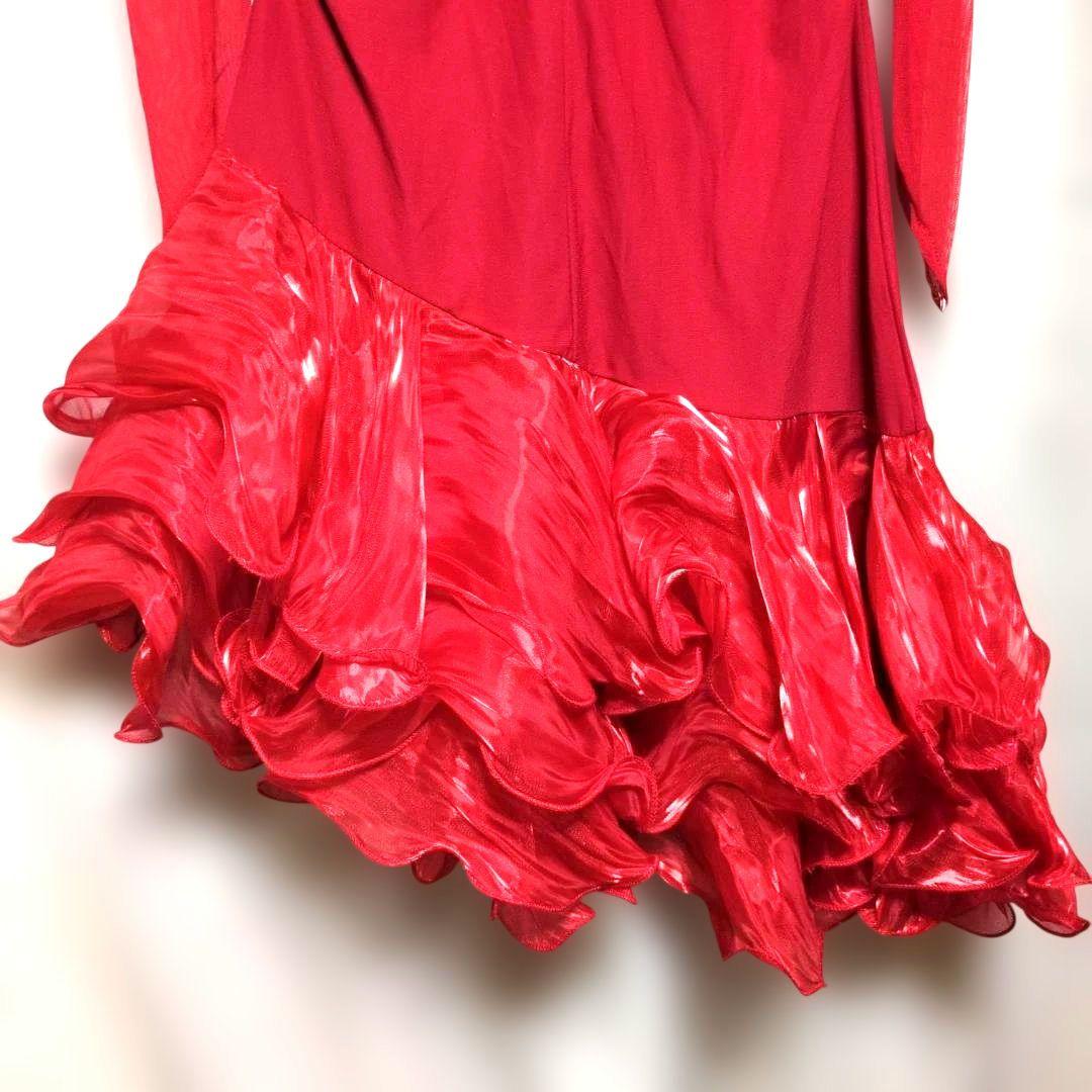 イチオク 社交ダンス 衣装　赤 チョーカー付き 長袖 ドレス フリル