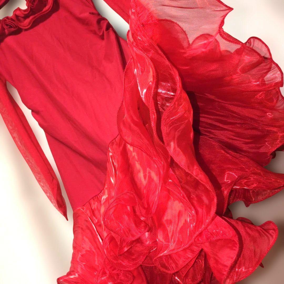 イチオク 社交ダンス 衣装　赤 チョーカー付き 長袖 ドレス フリル