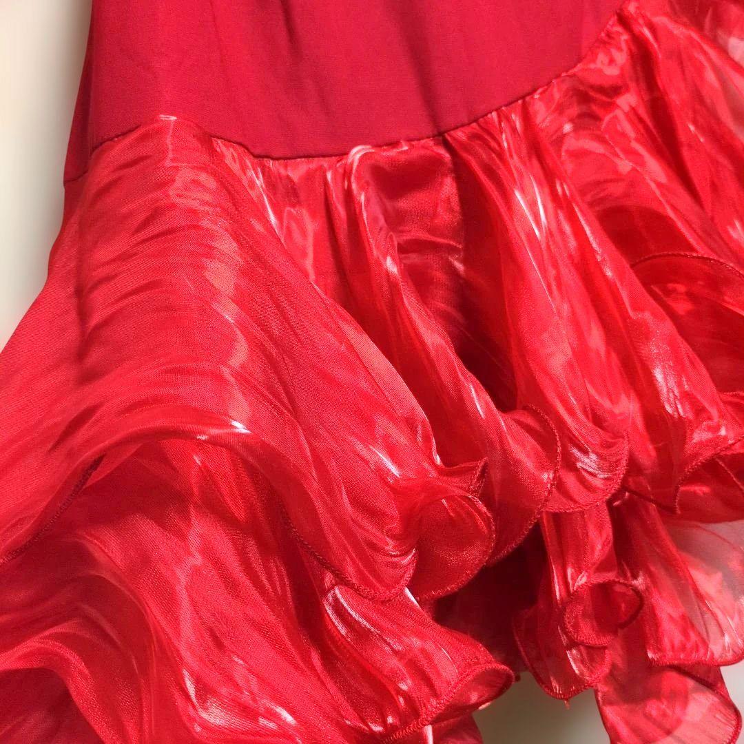 イチオク 社交ダンス 衣装　赤 チョーカー付き 長袖 ドレス フリル