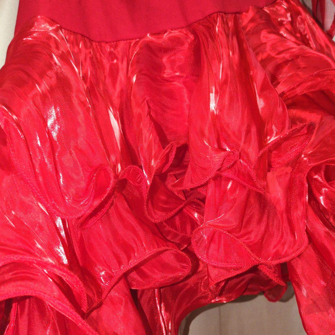 イチオク 社交ダンス 衣装　赤 チョーカー付き 長袖 ドレス フリル