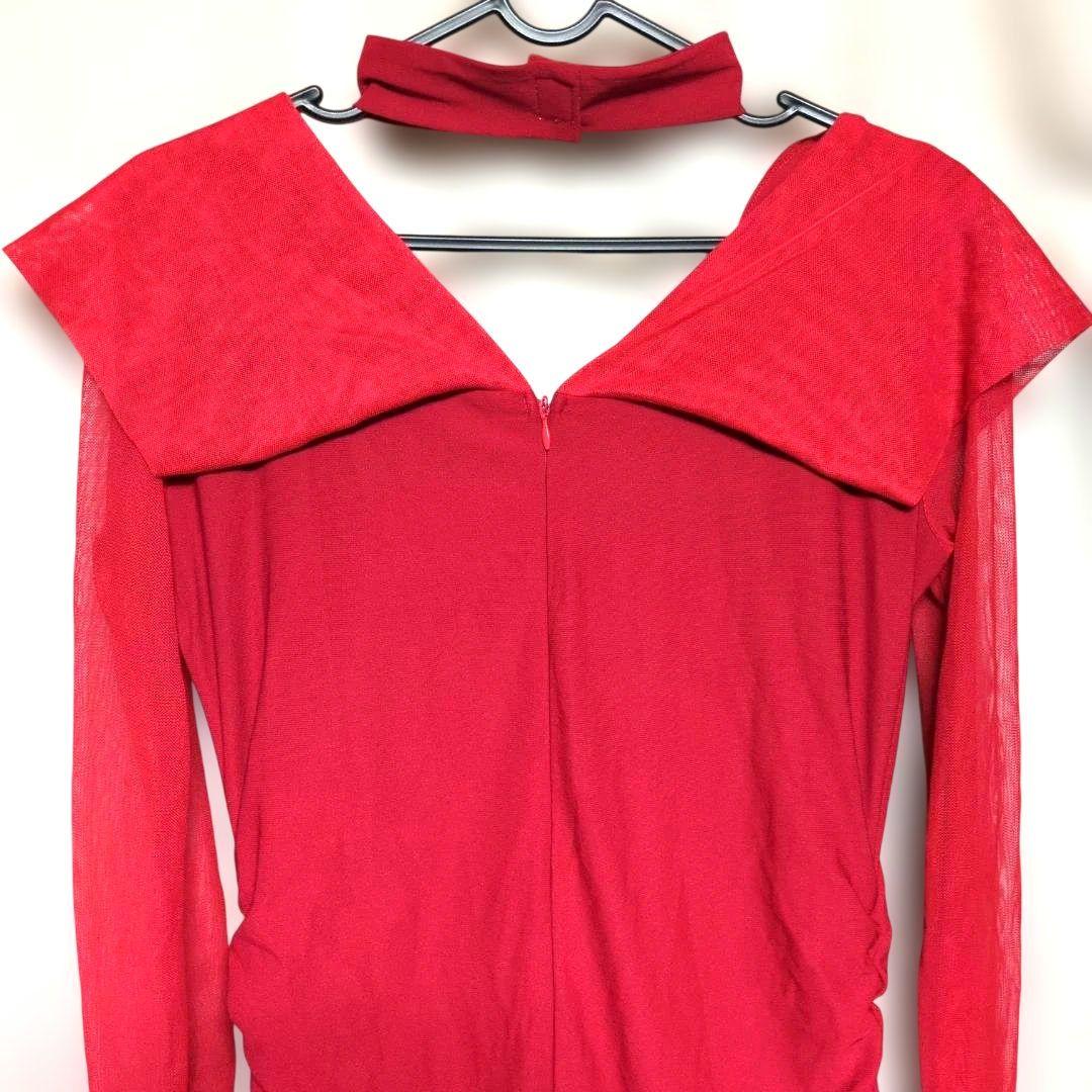 イチオク 社交ダンス 衣装　赤 チョーカー付き 長袖 ドレス フリル