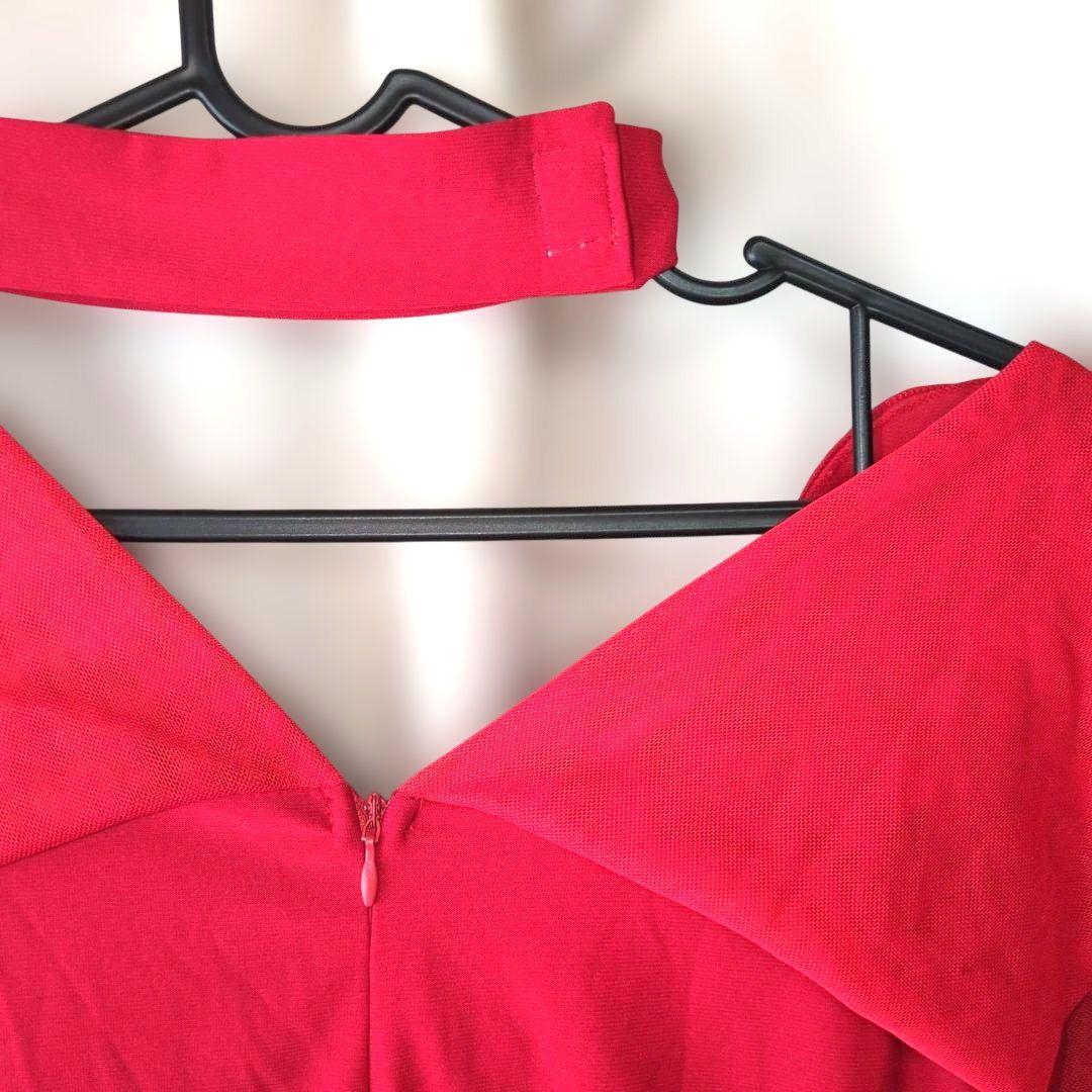 イチオク 社交ダンス 衣装　赤 チョーカー付き 長袖 ドレス フリル