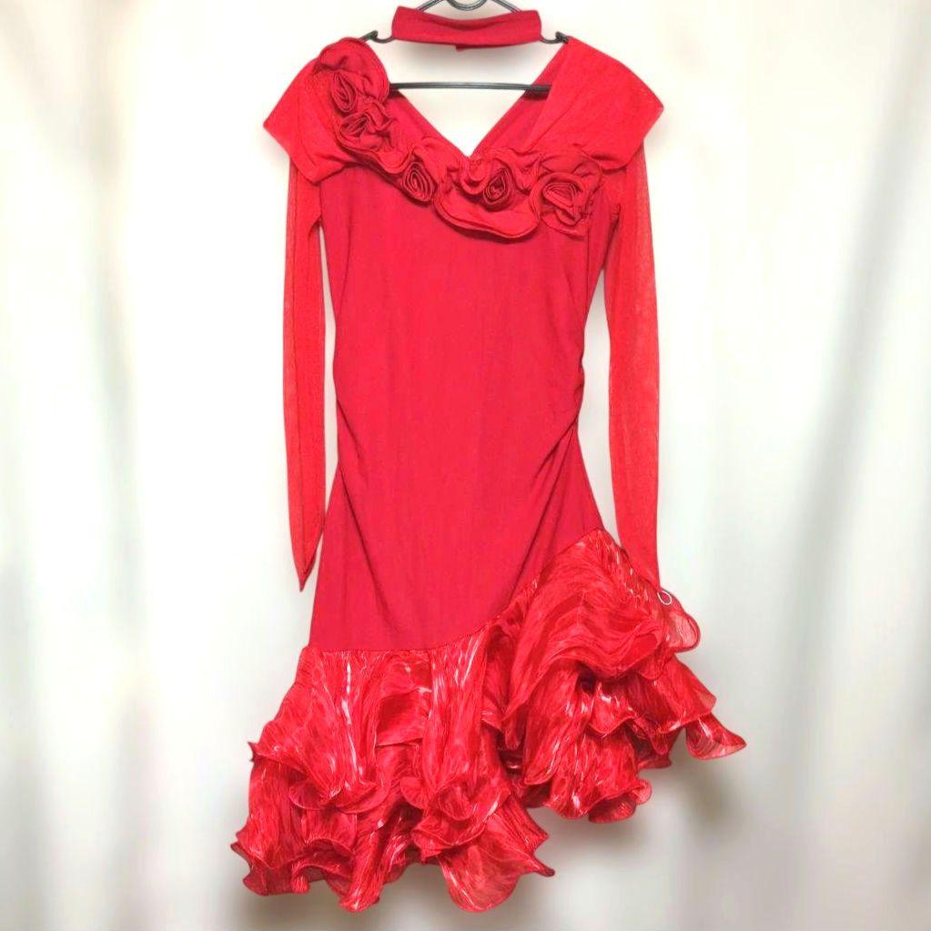 イチオク 社交ダンス 衣装　赤 チョーカー付き 長袖 ドレス フリル