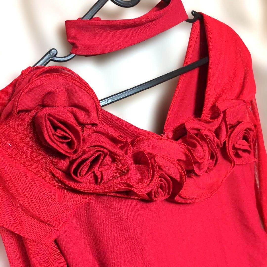 イチオク 社交ダンス 衣装　赤 チョーカー付き 長袖 ドレス フリル