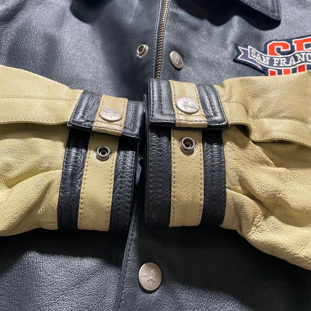 90s オールレザー スタジャン 本革 襟付き バックロゴ 古着 アメカジ Ｍ
