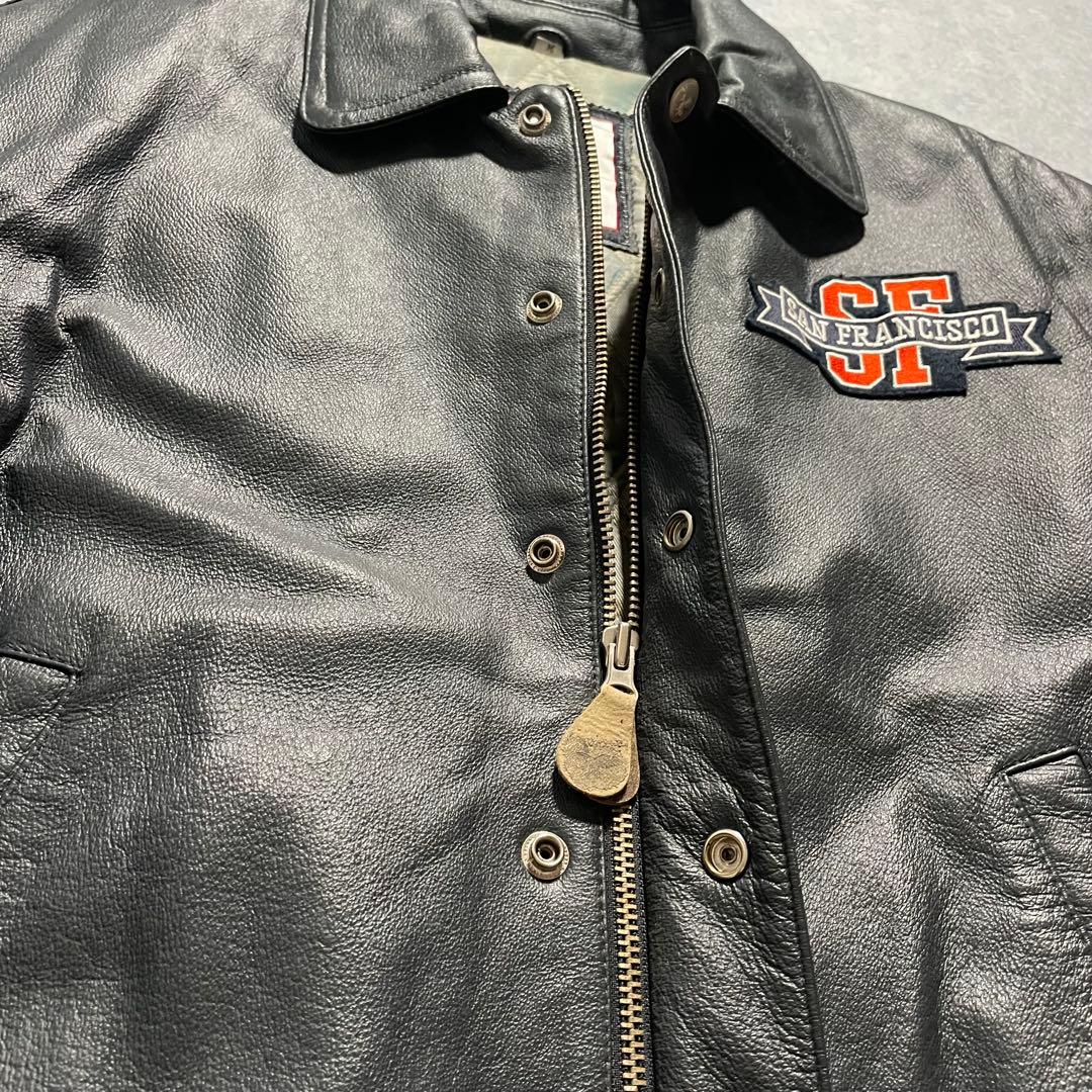 90s オールレザー スタジャン 本革 襟付き バックロゴ 古着 アメカジ Ｍ