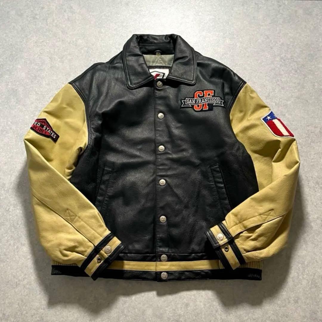 90s オールレザー スタジャン 本革 襟付き バックロゴ 古着 アメカジ Ｍ