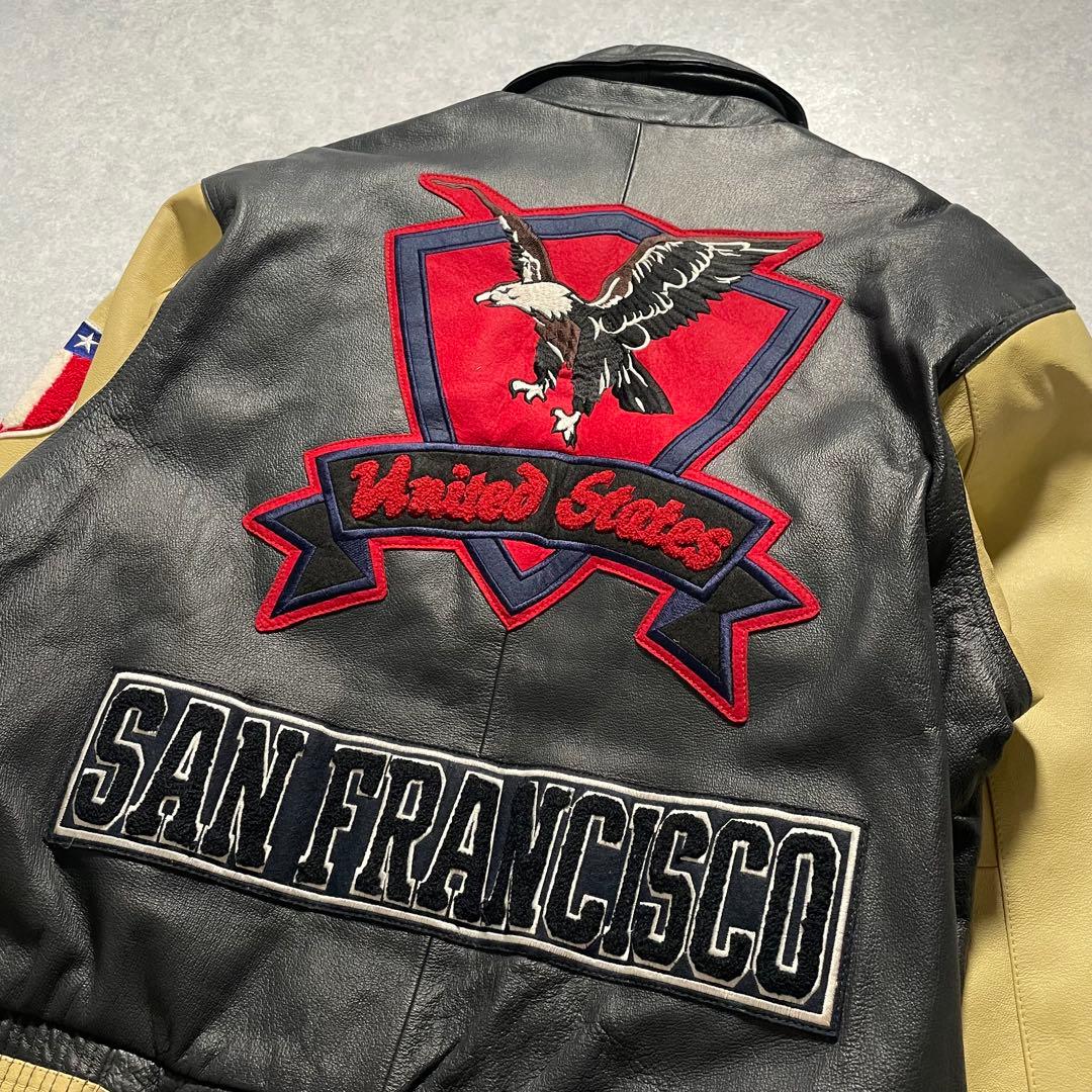 90s オールレザー スタジャン 本革 襟付き バックロゴ 古着 アメカジ Ｍ