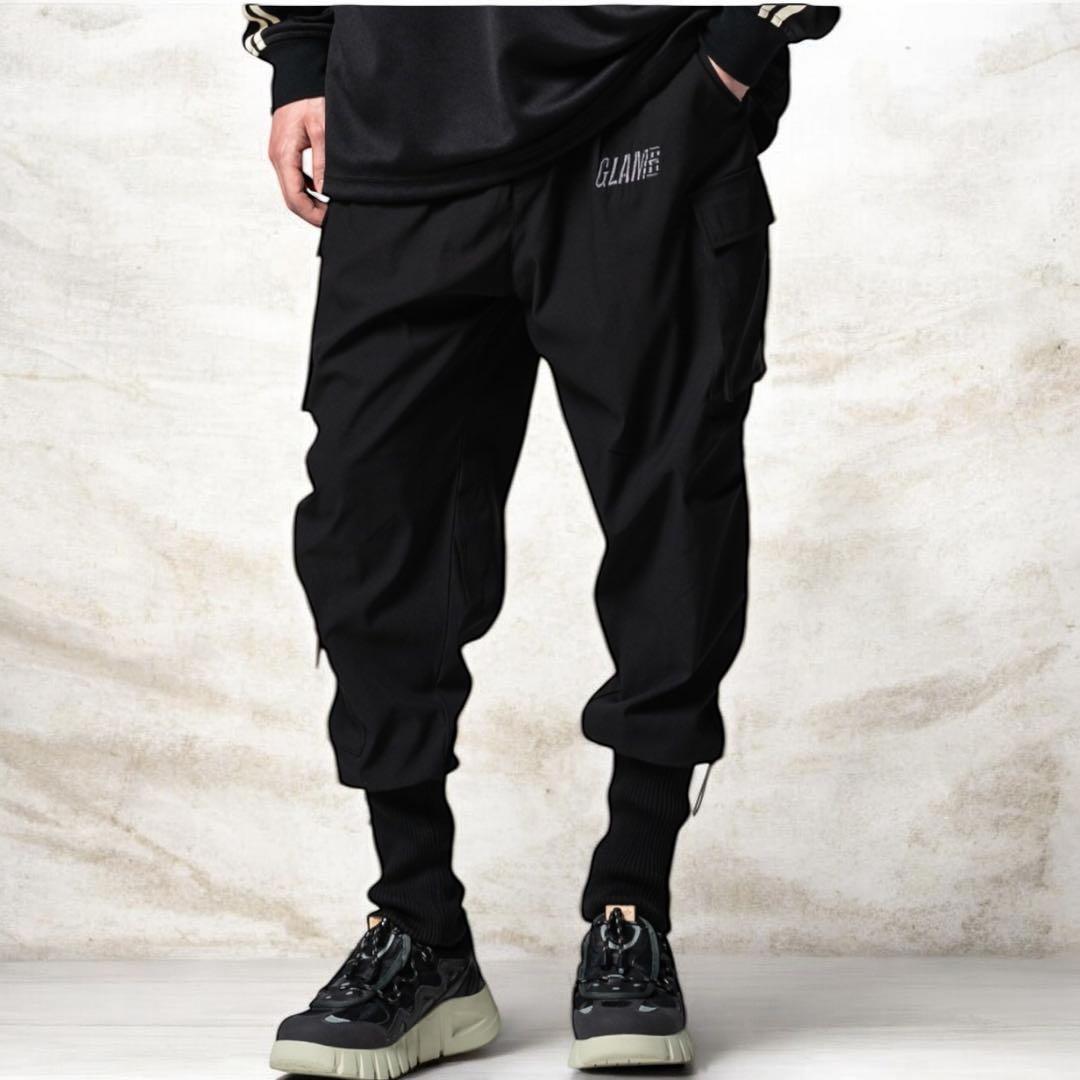 【美品】glamb グラム ロングリブ カーゴパンツ 黒 S 刺繍ロゴ サルエル