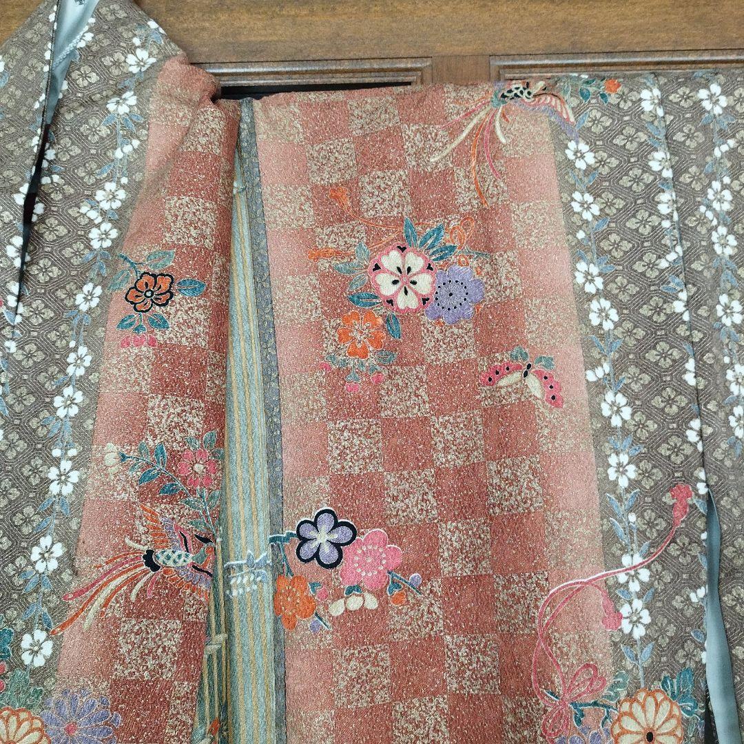 正絹 小紋 着物 市松模様 花柄 鳳凰文様 朱色系 上品 レトロ 美品