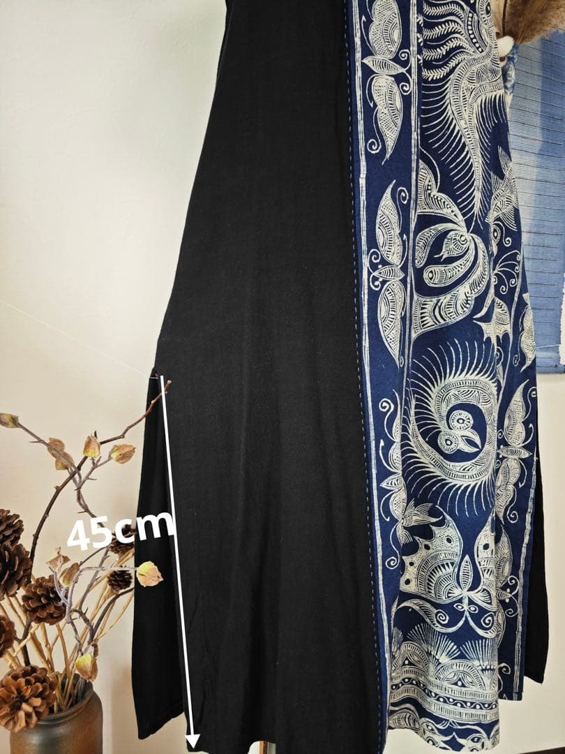 藍染　ろうけつ染め　刺し子パッチワークロングワンピース　ハンドメイド